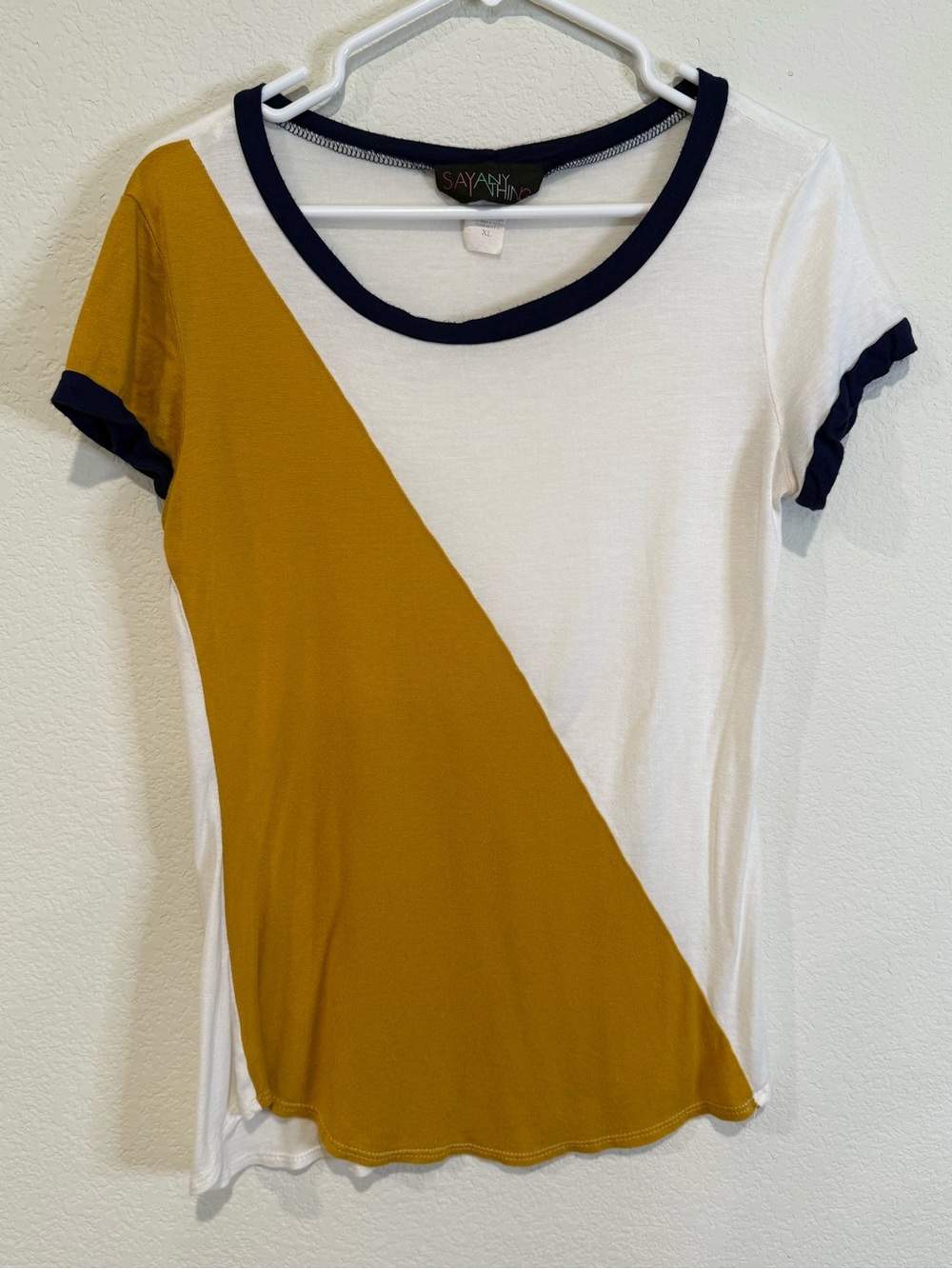 Say Anything White and Mustard Diagonal Short-Sleeve Tee